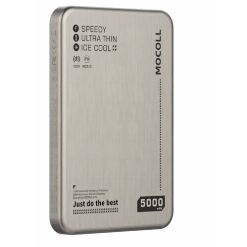 Srebrny powerbank z napisem "MOCOLL" na boku, posiada oznaczenia "SPEEDY", "ULTRA THIN", "ICE COOL", "15W PD3.0" oraz "5000 mAh". Na dole widnieje tekst "15W Maximum Wireless Charging, 20W Maximum Wired Charging, Design by MOCOLL Co, Just do the best".