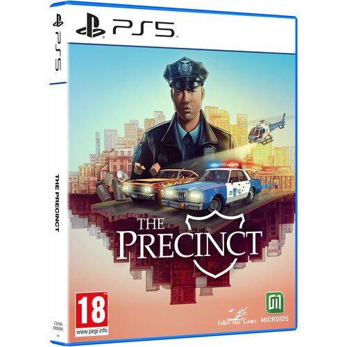 Okładka gry "The Precinct Standard Edition" na PS5 przedstawia ilustrację policjanta w mundurze na tle miasta, z radiowozem i helikopterem. Widoczne są logotypy "Fallen Tree Games" i "Microids", a także oznaczenie wiekowe 18+ oraz adres strony www.pegi.in