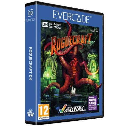 Okładka gry "Rougecraft DX" na konsolę Evercade, przedstawia fantastyczną scenę z czerwonymi mackami i kamiennymi posągami, z tekstem: "16-Bit Roguelike", "Single-Game Cartridge", "AMIGA", oraz oznaczeniem wiekowym "12" i nagrodą "Indie Game Awards Best R