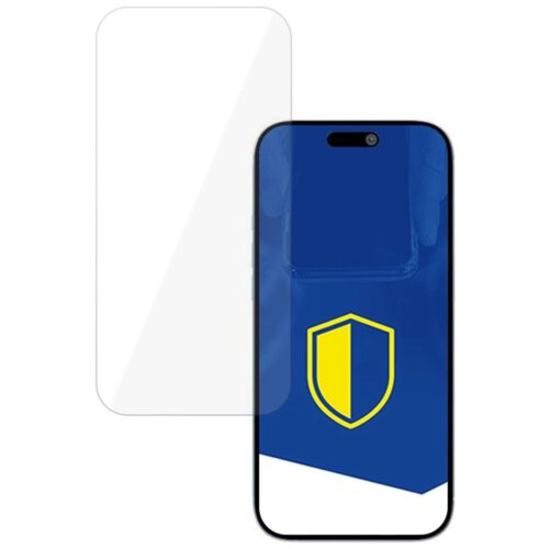 Przezroczyste szkło hartowane jest umieszczone obok smartfona z niebieskim ekranem, na którym widnieje żółto-niebieska tarcza. Produkt to "Szkło hartowane 3MK HardGlass do Apple iPhone Air".