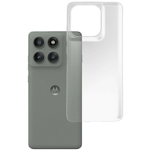 Przezroczyste etui 3MK Armor Case do telefonu Motorola Edge 60 Pro jest pokazane obok telefonu z trzema obiektywami aparatu i logo Motorola. Etui ma wycięcie na aparat, a telefon ma matowe wykończenie.