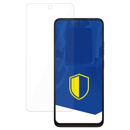 Na zdjęciu znajduje się telefon z nałożonym szkłem ochronnym, obok którego widoczna jest przezroczysta nakładka. Na ekranie telefonu widnieje niebieskie tło z żółto-niebieską tarczą.