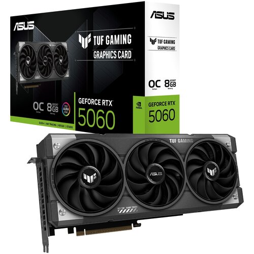 Pudełko karty graficznej z napisem "ASUS TUF Gaming Graphics Card" oraz "GeForce RTX 5060" znajduje się obok samej karty graficznej z trzema wentylatorami. Na pudełku widoczne są również napisy "OC Edition", "8GB GDDR7 Memory", "DLSS 4", "Ray Tracing", "R