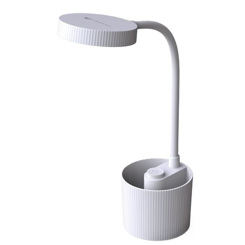 Biała lampa biurkowa o nowoczesnym designie, z okrągłym, żebrowanym kloszem i elastycznym ramieniem, osadzona na cylindrycznej podstawie z wbudowanym przyciskiem. Na górnej części klosza widoczne jest logo "FOREVER LIGHT".