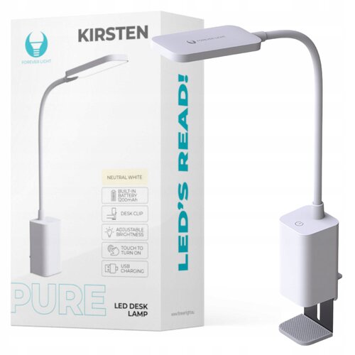 Pudełko z lampą biurkową przedstawia produkt z elastycznym ramieniem i prostokątną głowicą, obok widoczna jest sama lampa. Na opakowaniu znajdują się napisy: "KIRSTEN", "FOREVER LIGHT", "PURE LED DESK LAMP", "LED'S READ!", oraz ikony z opisami: "NEUTRAL W