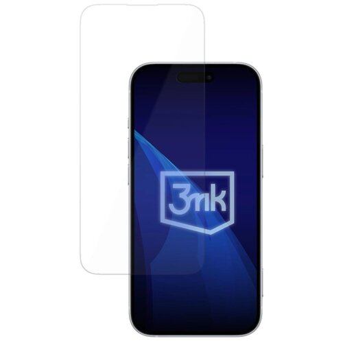 Na zdjęciu widoczny jest telefon z wyświetlaczem, na którym znajduje się logo "3mk" w białym kolorze na niebieskim tle. Obok telefonu umieszczone jest przezroczyste szkło hartowane, które jest dopasowane do jego kształtu.