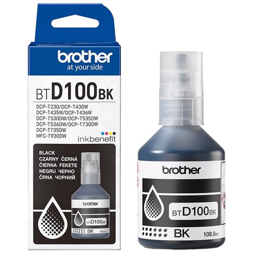 Na zdjęciu widoczny jest czarny tusz do drukarki marki Brother o pojemności 108 ml, oznaczony jako model BTD100BK. Opakowanie zawiera teksty: "brother at your side", "BTD100BK", "inkbenefit", oraz listę kompatybilnych modeli drukarek.