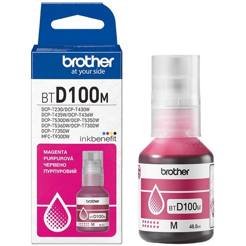 Na zdjęciu znajduje się opakowanie i butelka tuszu BROTHER Purpurowy 48.8 ml BTD100M. Na opakowaniu widnieje tekst: "brother at your side BT D100M DCP-T230/DCP-T430W DCP-T435W/DCP-T436W DCP-T530DW/DCP-T535DW DCP-T536DW/DCP-T730DW DCP-T735DW MFC-T930DW ink