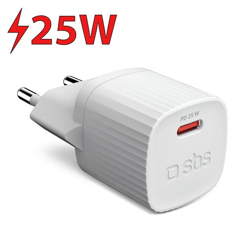 Biała ładowarka sieciowa z logo "sbs" i oznaczeniem "PD 25 W" obok czerwonego portu USB-C. W górnym rogu widoczny jest czerwony napis "25W" z symbolem błyskawicy.