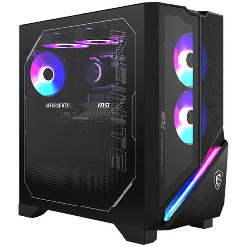 Czarny komputer stacjonarny z przezroczystym panelem bocznym, przez który widać podświetlone wentylatory i komponenty. Na obudowie widoczne są napisy: "GEFORCE RTX", "msi", "INFINITE", "MPG", oraz logo producenta.