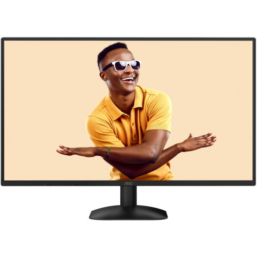 Monitor AOC z cienką ramką wyświetla obraz osoby w okularach przeciwsłonecznych na jasnym tle. Na dolnej ramce monitora widoczne jest logo "AOC".