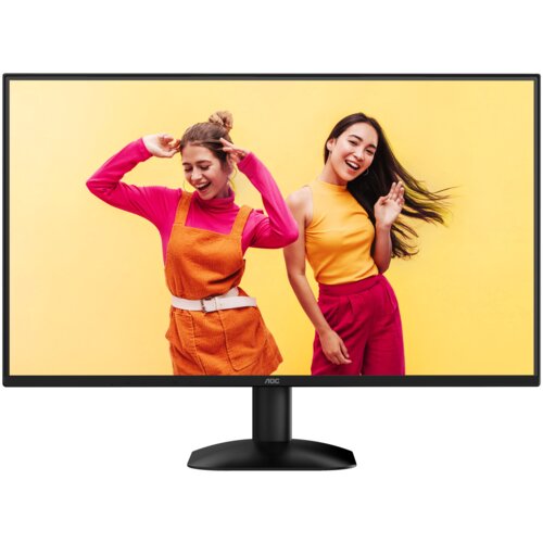 Monitor z cienką ramką wyświetla obraz dwóch osób na żółtym tle. Na dolnej ramce monitora widoczne jest logo "AOC".