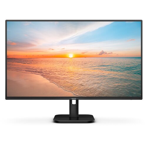 Monitor z cienką ramką wyświetla obraz przedstawiający zachód słońca nad morzem, z widocznym logo "PHILIPS" na dolnej krawędzi ekranu. Monitor stoi na prostokątnej podstawie.