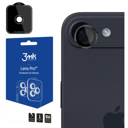 Na zdjęciu widoczna jest czarna nakładka na obiektyw telefonu oraz opakowanie z napisem "3mk Protection Lens Pro™ Protection for iPhone". Na opakowaniu znajdują się również ikony z oznaczeniami "1 pc." i "9H hardness".