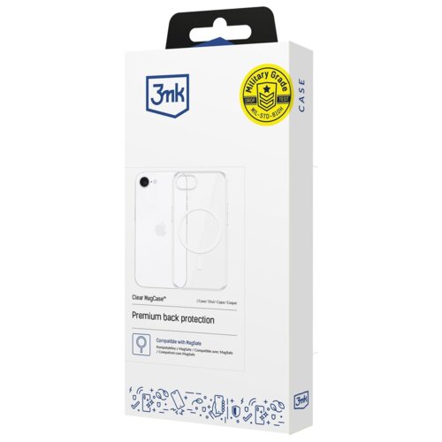 Białe opakowanie z logo 3mk zawiera przezroczyste etui na telefon, z widocznym napisem "Premium back protection" oraz oznaczeniem "Military Grade MIL-STD-810H". Na opakowaniu znajduje się również informacja o kompatybilności z MagSafe oraz ilustracja prze