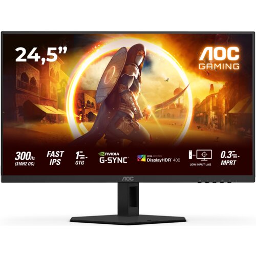 Monitor AOC 25G4SRE 24.5" wyświetla grafikę z postacią w zbroi na tle miasta, z widocznymi napisami: "24,5", "300Hz (310Hz OC)", "FAST IPS", "1ms GTG", "NVIDIA G-SYNC", "DisplayHDR 400", "LOW INPUT LAG", "0.3ms MPRT" oraz logo AOC Gaming.