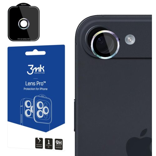 Na zdjęciu widoczna jest nakładka na obiektyw aparatu telefonu oraz opakowanie z napisem "3mk Protection Lens Pro™ Protection for iPhone". Na opakowaniu znajdują się ikony z oznaczeniami "unbreakable", "1 pc." oraz "9H hardness".