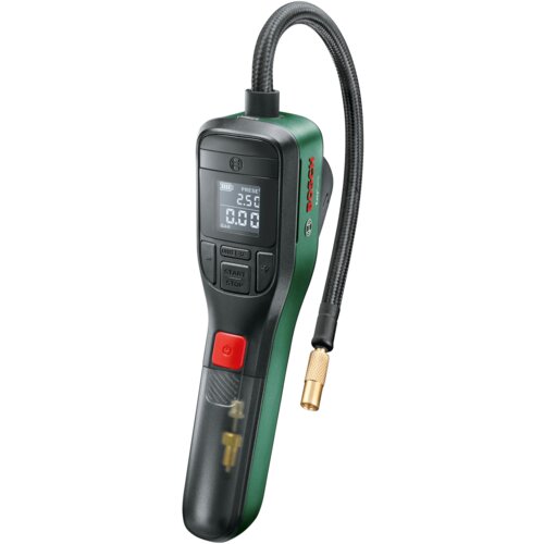 Przedstawiony jest ręczny, elektroniczny kompresor z wyświetlaczem cyfrowym, na którym widoczne są wartości "2.50" i "0.00". Obudowa urządzenia jest w kolorze zielonym i czarnym, z widocznym logo "BOSCH" oraz przyciskiem oznaczonym symbolem zasilania.