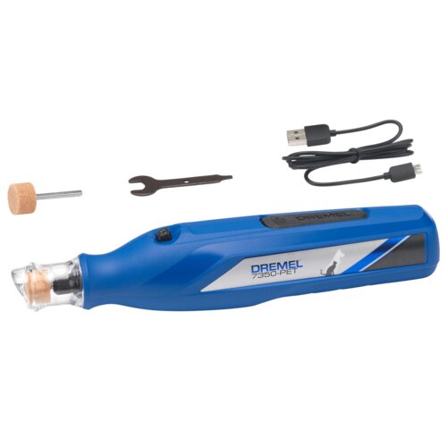 Niebieskie narzędzie wielofunkcyjne z napisem "DREMEL 7350-PET" oraz logo, obok którego znajdują się akcesoria: kamień szlifierski, klucz i kabel USB. Produkt jest przeznaczony do pielęgnacji zwierząt.