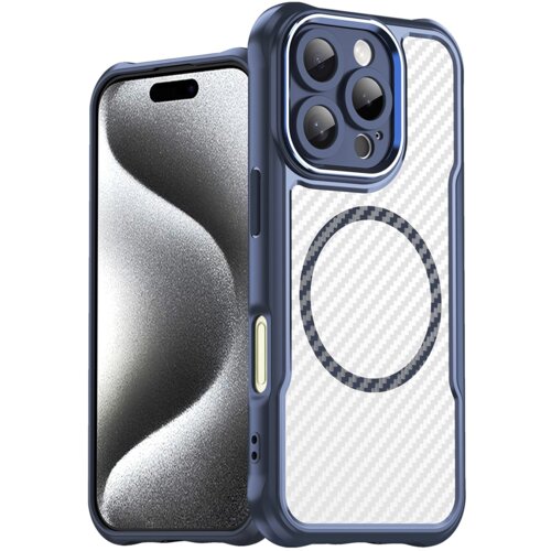Na zdjęciu widoczne jest niebieskie etui na telefon z trzema dużymi otworami na aparat oraz okrągłym wzorem na tylnej części. Etui ma przezroczystą tylną ściankę z delikatnym wzorem przypominającym włókno węglowe.