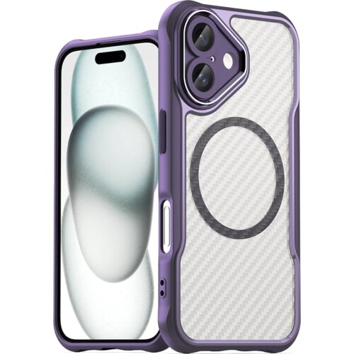 Fioletowe etui na telefon z widocznym okręgiem na tylnej części, przeznaczone do modelu Apple iPhone 16 Plus. Etui ma wycięcia na aparat i przyciski, a jego powierzchnia ma wzór przypominający włókno węglowe.