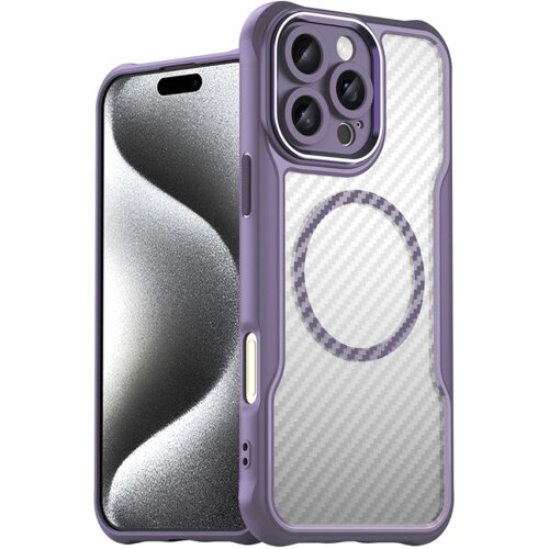 Fioletowe etui na telefon z widocznym okręgiem na tylnej części, przeznaczone dla modelu Apple iPhone 16 Pro. Etui ma przezroczysty tył z teksturą przypominającą włókno węglowe oraz wycięcia na aparat i przyciski.