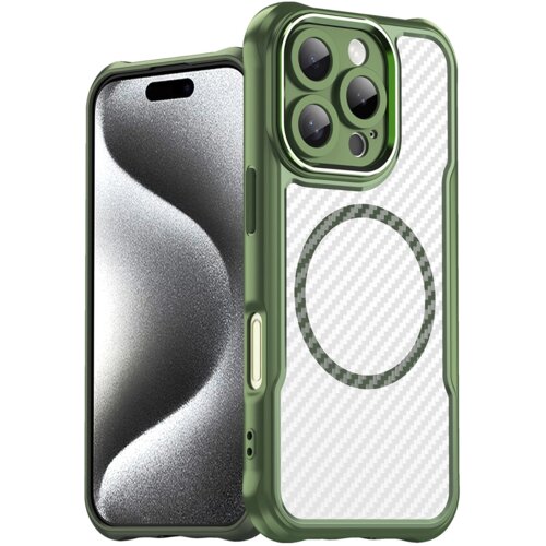 Zielone etui do telefonu z trzema dużymi otworami na aparaty oraz okrągłym wzorem na tylnej części, obok widoczny jest ekran telefonu z abstrakcyjnym wzorem. Produkt przeznaczony jest do Apple iPhone 16 Pro i posiada funkcję MagSafe.