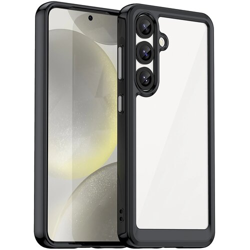 Czarne etui na telefon z przezroczystym tyłem, zaprojektowane dla modelu Samsung Galaxy S25, z widocznymi trzema otworami na aparaty oraz przyciskami bocznymi. Tło etui jest przezroczyste, co pozwala na widoczność tylnej części telefonu.