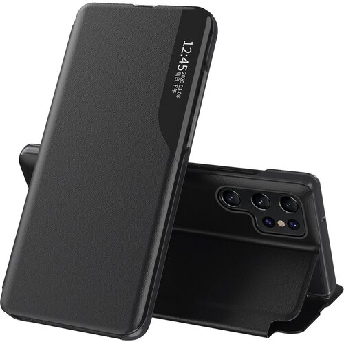 Czarne etui do telefonu z klapką, wykonane z materiału imitującego skórę, z widocznym wycięciem na aparat i przezroczystym paskiem na klapce, na którym wyświetlany jest czas "12:45" oraz data "2020.09.08". W tle widać wnętrze etui z miejscem na aparat fot