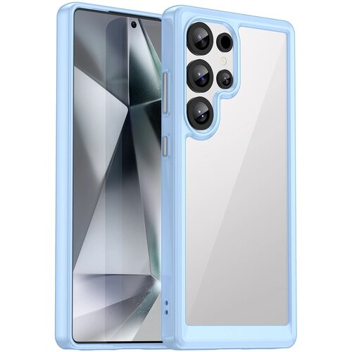 Niebieskie etui na telefon z przezroczystym tyłem, zaprojektowane dla modelu Samsung Galaxy S25 Ultra, z widocznymi wycięciami na aparat i przyciski. W tle widać ekran telefonu z abstrakcyjnym wzorem.