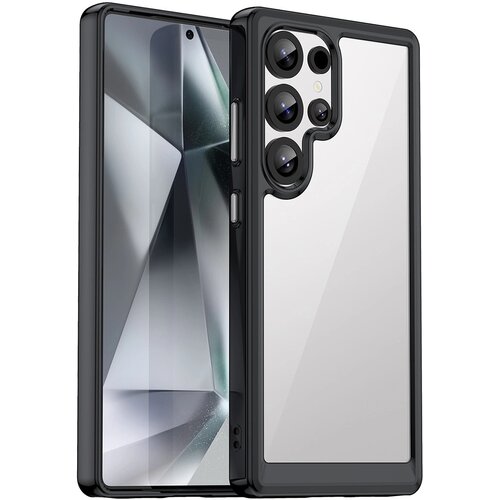 Czarne etui na telefon z przezroczystym tyłem, zaprojektowane dla modelu Samsung Galaxy S25 Ultra, z widocznymi wycięciami na aparat i przyciski. Produkt ma elegancki, minimalistyczny design z wyraźnie zaznaczonymi krawędziami.