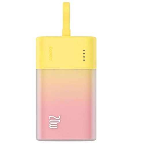 Żółto-różowy powerbank z napisem "20W" na dolnej części obudowy oraz logo "Baseus" na górnej części. Obok logo znajdują się trzy małe, czarne wskaźniki.
