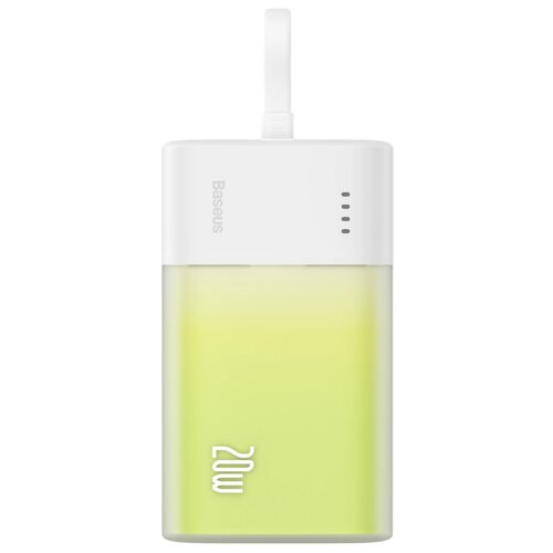 Biało-zielony powerbank z logo "Baseus" na białej części obudowy, posiadający cztery małe, czarne wskaźniki LED oraz oznaczenie "20W" na zielonej części. Powerbank ma prostokątny kształt z zaokrąglonymi krawędziami i białą pętlą na górze.