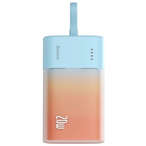 Niebiesko-pomarańczowy powerbank z logo "Baseus" na górnej części oraz oznaczeniem "20W" na dolnej części obudowy. Urządzenie ma prostokątny kształt z zaokrąglonymi krawędziami i widocznym uchwytem na górze.