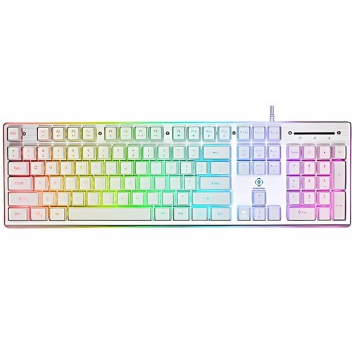 Na zdjęciu znajduje się klawiatura z podświetleniem RGB, z widocznymi klawiszami oznaczonymi literami, cyframi oraz symbolami. Klawiatura ma białą obudowę, a podświetlenie przechodzi przez różne kolory tęczy.