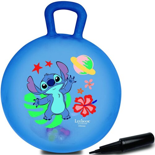 Niebieska piłka do skakania z uchwytem, ozdobiona kolorowym motywem z postacią z bajki, planetą, gwiazdami i kwiatami. Na dole widnieje napis "Lexibook Disney", a obok piłki znajduje się czarna pompka.