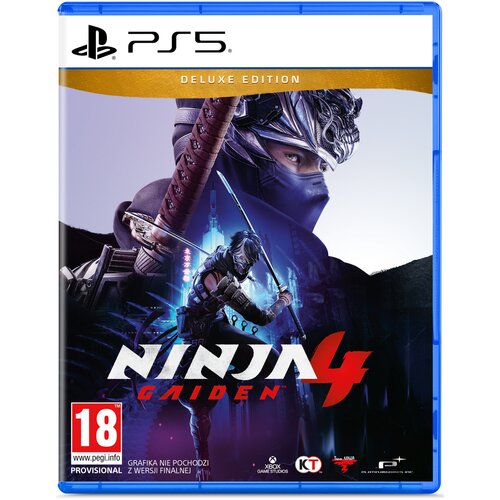 Okładka gry "Ninja Gaiden 4 Deluxe Edition" na PS5 przedstawia postać w stroju ninja z mieczem, na tle futurystycznego miasta. Widoczne są logotypy PlayStation 5, PEGI 18 oraz napisy: "DELUXE EDITION", "GRAFIKA NIE POCHODZI Z WERSJI FINALNEJ".
