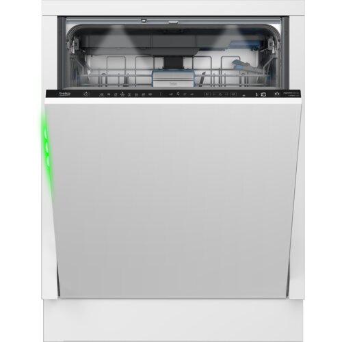 Zmywarka do zabudowy z widocznym panelem sterowania, na którym znajdują się ikony i przyciski funkcyjne. Na panelu widoczny jest napis "beko" oraz "ProSmart Inverter", a po lewej stronie świeci zielone światło.