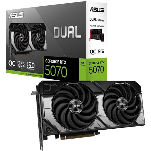 Pudełko karty graficznej z napisem "ASUS DUAL Series" oraz "GeForce RTX 5070" zawiera grafikę przedstawiającą kartę z dwoma wentylatorami. Na pudełku widoczne są również informacje: "OC Edition", "12GB GDDR7 Memory", "PCIe 5.0 Express Support", "DLSS 4 | 