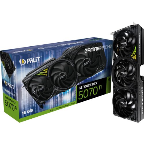 Pudełko i karta graficzna z trzema wentylatorami, na opakowaniu widoczne napisy: "PALIT", "GAMINGPRO-S", "GEFORCE RTX 5070 Ti", "16 GB", "DLSS4 | RAY TRACING | REFLEX | STUDIO". Karta graficzna ma logo "PALIT" na wentylatorach.