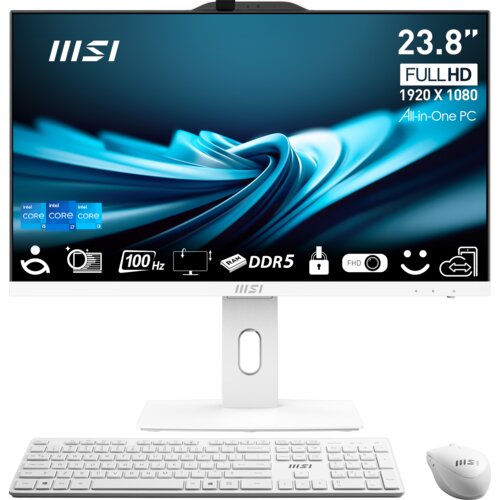 Na zdjęciu widoczny jest biały komputer typu All-in-One marki MSI z ekranem 23.8" Full HD, klawiaturą i myszką. Na ekranie wyświetlane są informacje: "23.8" FULL HD 1920 x 1080 All-in-One PC", "intel CORE i5", "100 Hz", "DDR5", oraz różne ikony graficzne.