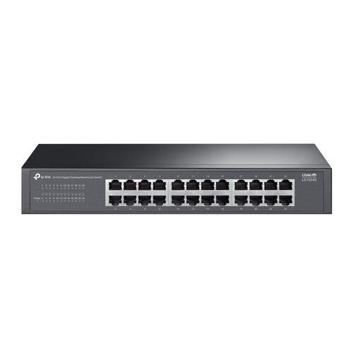 Na obrazie znajduje się czarny switch sieciowy z 24 portami Ethernet, oznaczonymi numerami od 1 do 24. Po lewej stronie widoczny jest napis "tp-link 24-Port Gigabit Desktop/Rackmount Switch", a po prawej "LiteWave LS1024G".