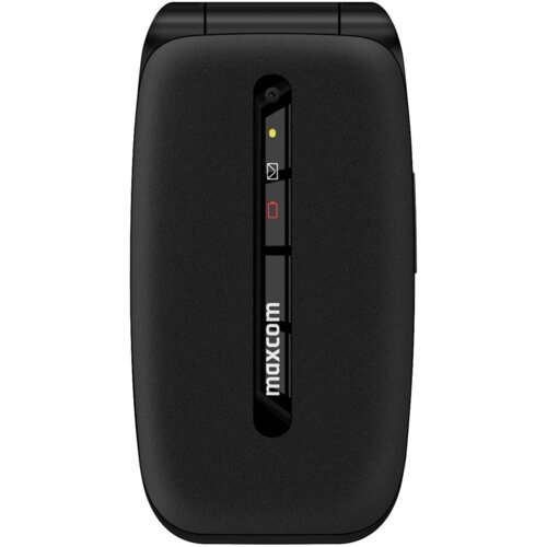 Czarny telefon z klapką, na którego obudowie widoczne są trzy ikony: koperta, bateria oraz logo "maxcom". Obok ikon znajdują się małe diody sygnalizacyjne.