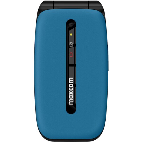 Niebieski telefon z klapką, na którym widoczne są ikony powiadomień oraz logo "maxcom" na czarnym pasku. Na górze znajduje się małe okrągłe światło oraz ikony koperty i baterii.