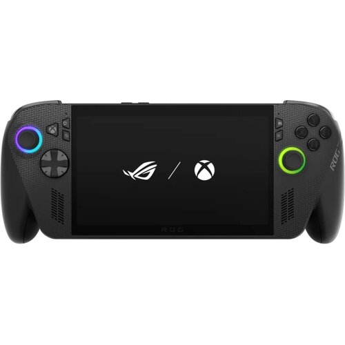 Przedstawiono czarną konsolę do gier z wyświetlaczem, na którym widoczne są logo ROG oraz Xbox. Po obu stronach ekranu znajdują się przyciski i joysticki, a na obudowie widnieje napis "ROG".