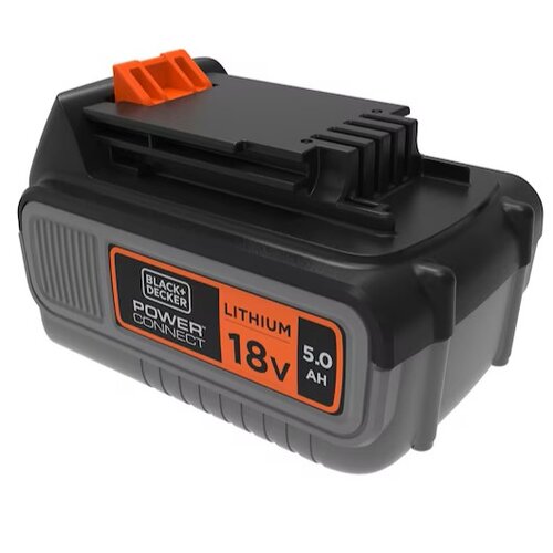 Czarny akumulator z pomarańczowymi elementami, na którym widnieje napis: "BLACK+DECKER POWER CONNECT LITHIUM 18V 5.0 AH". Produkt ma prostokątny kształt z zaokrąglonymi krawędziami.