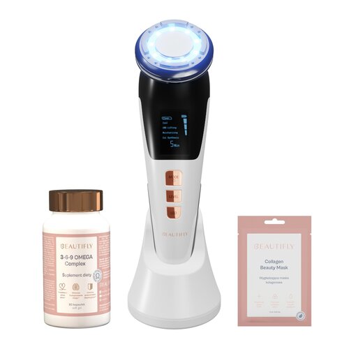 Urządzenie do mezoterapii bezigłowej  BEAUTIFLY B-Glossy PRO + Suplement diety BEAUTIFLY 3-6-9 Omega Complex (60 szt.) + Maseczka BEAUTIFLY Collagen Beauty Mask (8 sztuk)