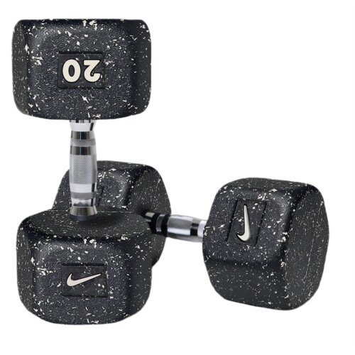 Czarne hantle z białymi plamkami, z widocznym logo Nike i oznaczeniem "2.0" na jednej z nich. Uchwyty są metaliczne z teksturowanym wykończeniem.