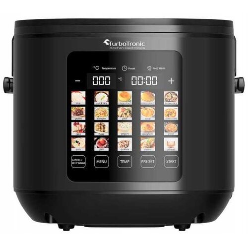 Na zdjęciu widoczny jest multicooker marki TurboTronic z wyświetlaczem dotykowym, na którym znajdują się ikony różnych programów gotowania oraz przyciski: "CANCEL/KEEP WARM", "MENU", "TEMP", "PRE-SET" i "START". Na górze wyświetlacza widnieje logo "TurboT