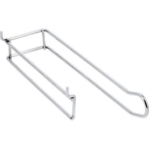 Metalowy uchwyt na papier do grilla gazowego, wykonany z błyszczącego metalu, ma prostokątną konstrukcję z dwoma równoległymi prętami i dodatkowymi haczykami. Produkt nie zawiera żadnych widocznych napisów ani logo.